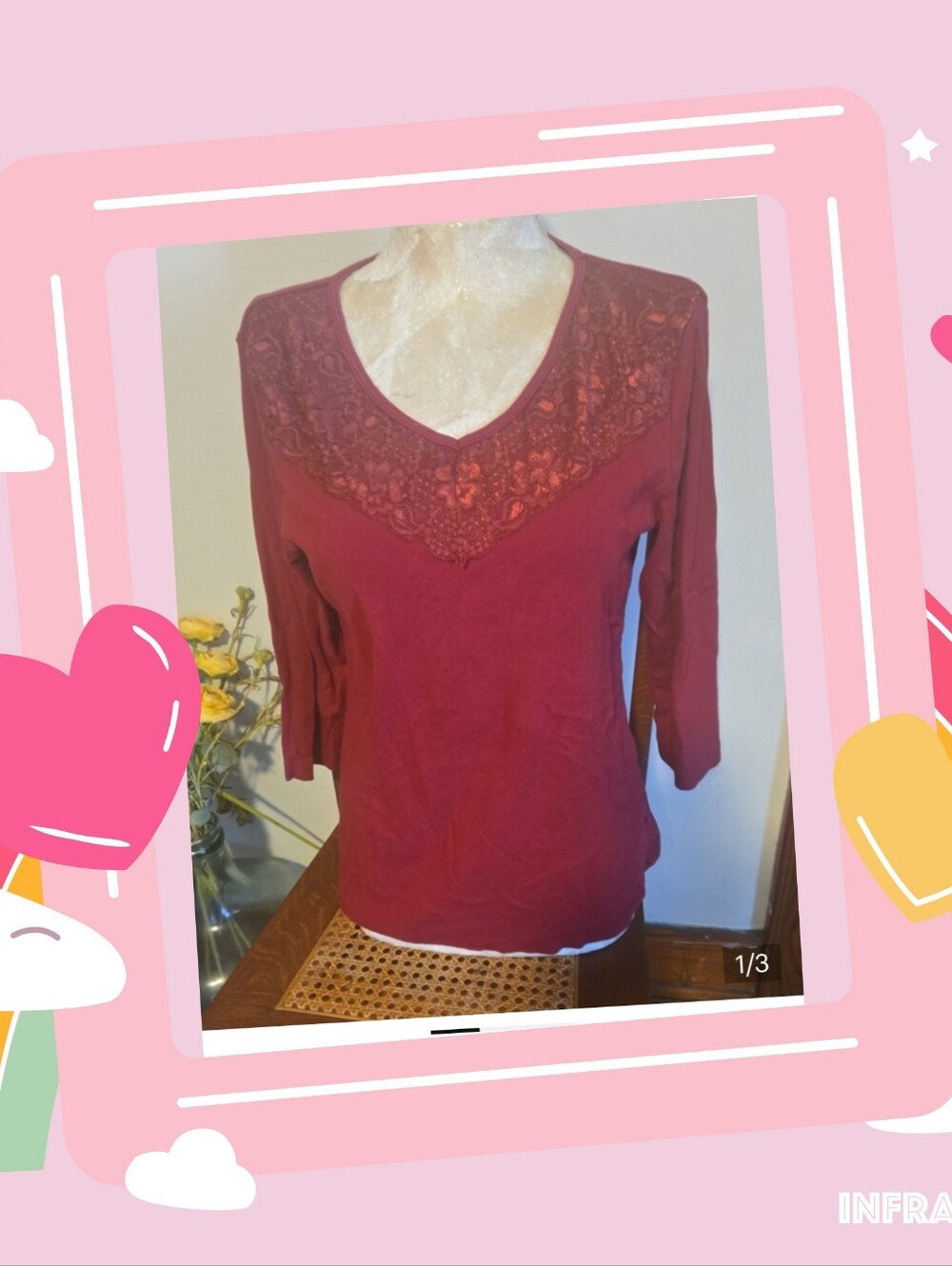 Christopher & Banks Berry Colored Lace V-Neck Top Size Small